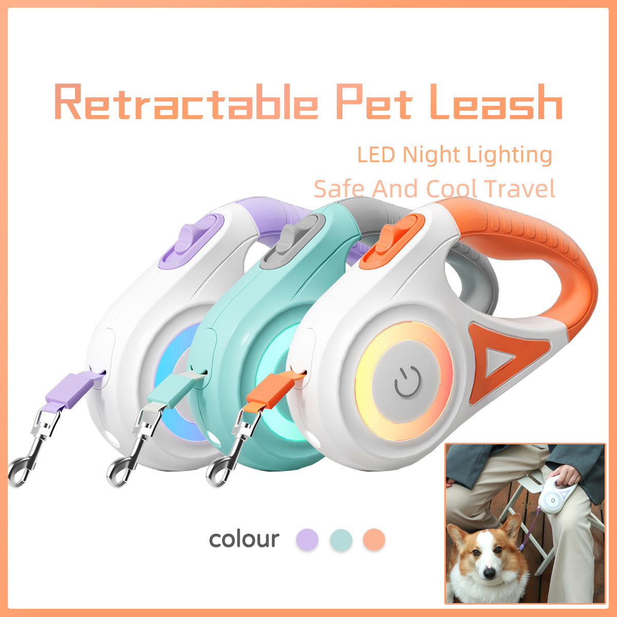 Retractable Dog Leash with Collar & Spotlight for Pets