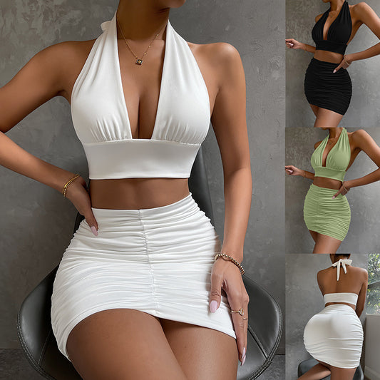 2pcs Women's Halter Top & Pleated Skirt Set